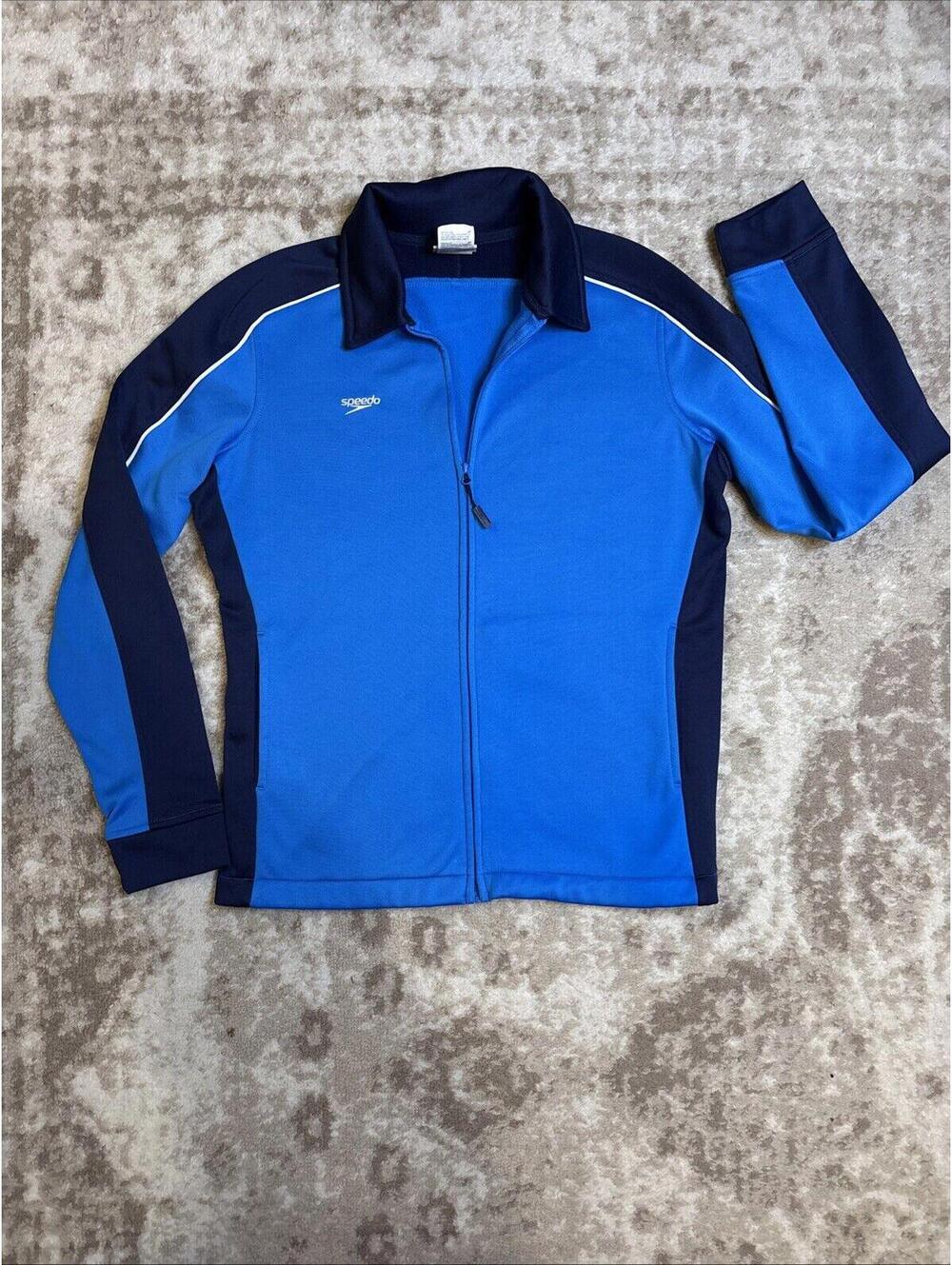 Speedo Jacket Men's Small Track Coat Blue Black Collared Zip Pockets Logo